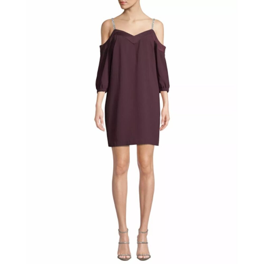 Trina Turk 'Sarika' Crystal-Strap Off-The-Shoulder Crepe Dress, Malbec Burgundy